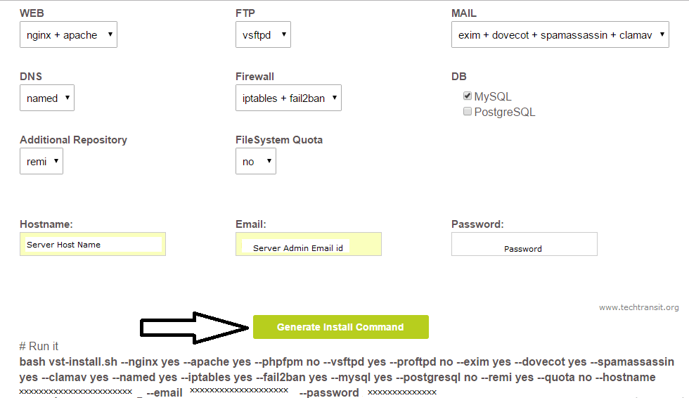 Vesta Installer command Generator