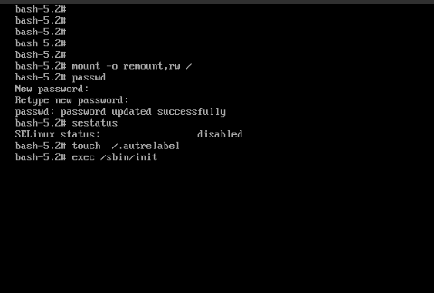 ash shell prompt (bash-5.2#) showing a successful password reset process using the mount -o remount,rw / and passwd commands, with SELinux status disabled