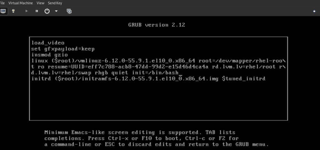 GRUB version 2.12 boot menu in a virtual machine, showing the Linux kernel loading command line with parameters like vmlinuz, root=/dev/mapper/rhel-root, and initrd