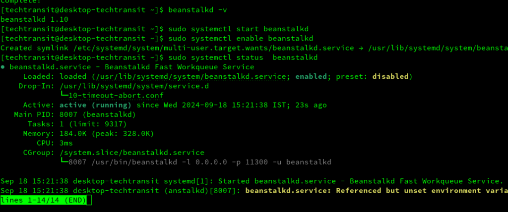 Start & Enable Beanstalkd and check version