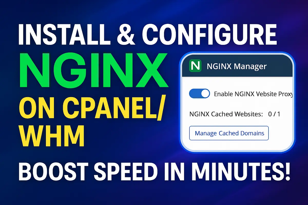 Illustration of NGINX installation process on cPanel/WHM server interface with performance boost icons.
