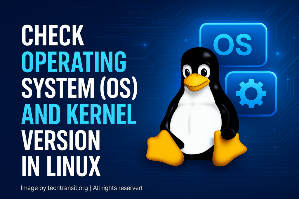 Illustration showing Linux terminal with commands to check operating system and kernel version, titled 'How to Check OS and Kernel Version in Linux' with icons of Ubuntu, CentOS, and command line interface.