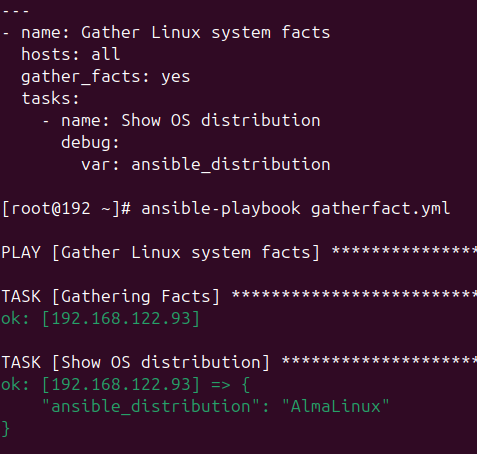 Using the Ansible setup module in a playbook to gather and display the OS distribution