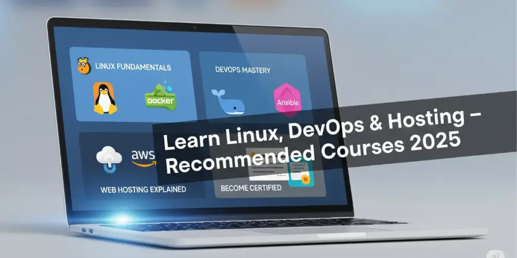 Screenshot collage of online Linux, DevOps, and Hosting course dashboards with instructors and certification badges