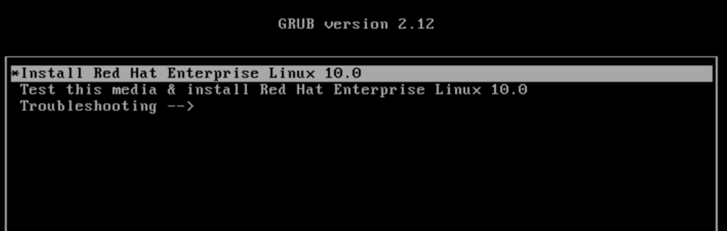 RHEL 10 installation welcome screen . Select kernel
