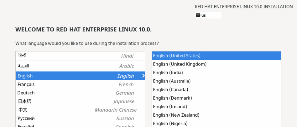 RHEL 10 installer language and keyboard selection