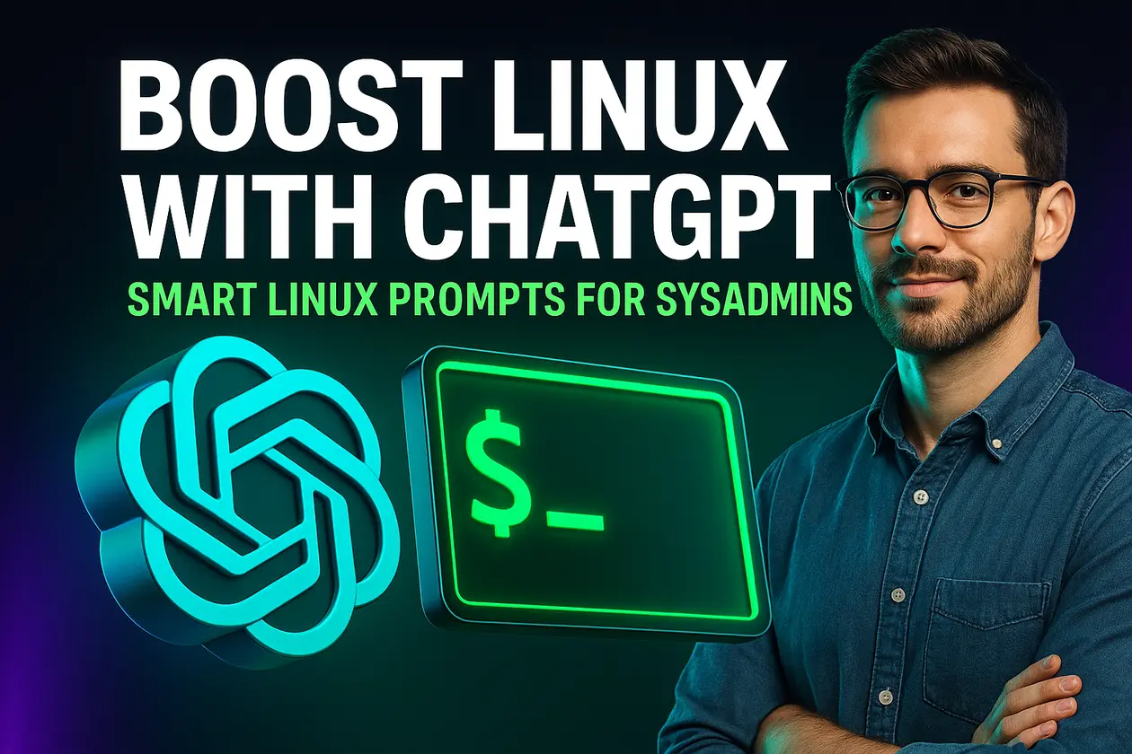 AI-powered sysadmin concept with ChatGPT logo, glowing Linux terminal, and futuristic IT operations theme