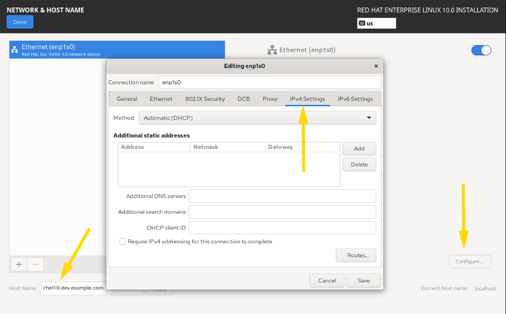 RHEL 10 installer network and hostname configuration screen