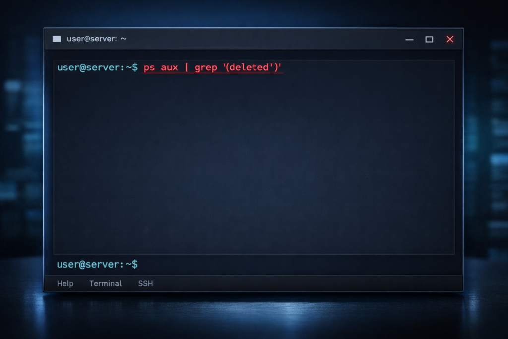 Screenshot by TechTransit.org: Detecting deleted-memory processes using ps aux.