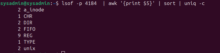 Screenshot by TechTransit.org: lsof descriptor type analysis