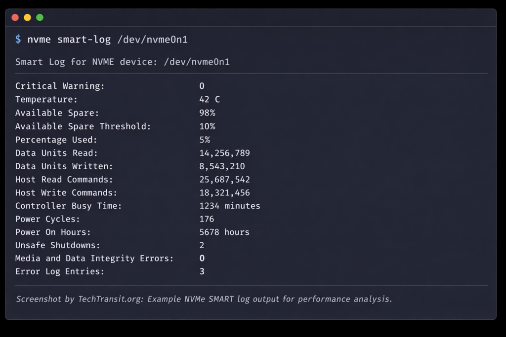 Screenshot by TechTransit.org: Checking NVMe health with nvme-cli for hidden performance issues.
